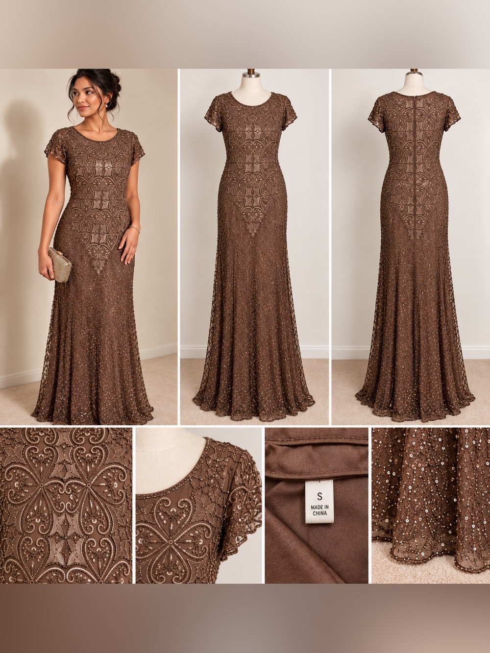 Brown Beaded Embellished Maxi Evening Gown Formal Wedding Guest Dress 
✨ - Picture 2 of 4